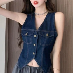 2024 New Summer Retro Streetwear Versatile Slim Fit Vest Sleeveless Solid V-neck Button Pocket Irregular Women's Jackets Top
