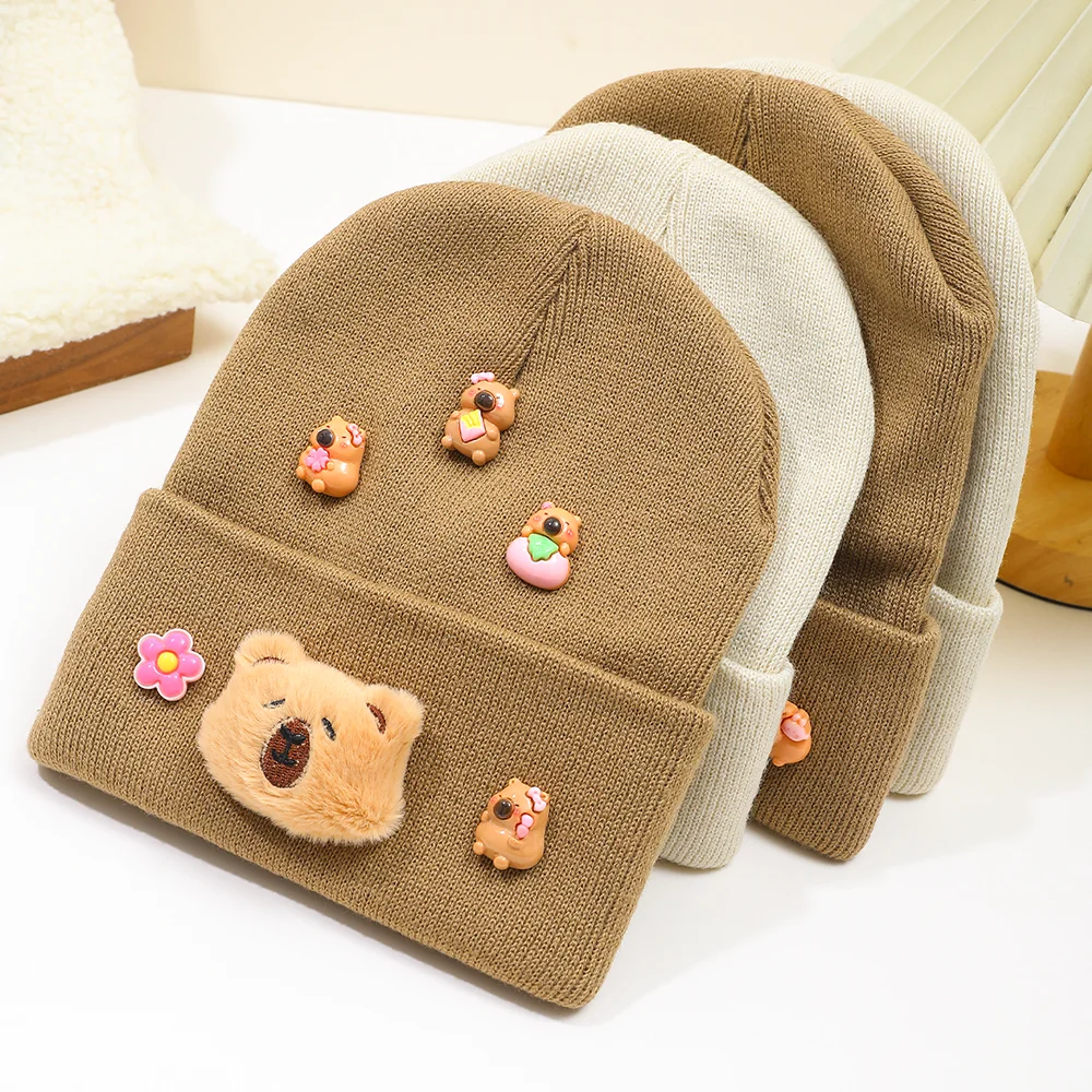 1PC Bear Cap + Capybara Flower Charm - Cute Soft Warm Autumn Winter Gift