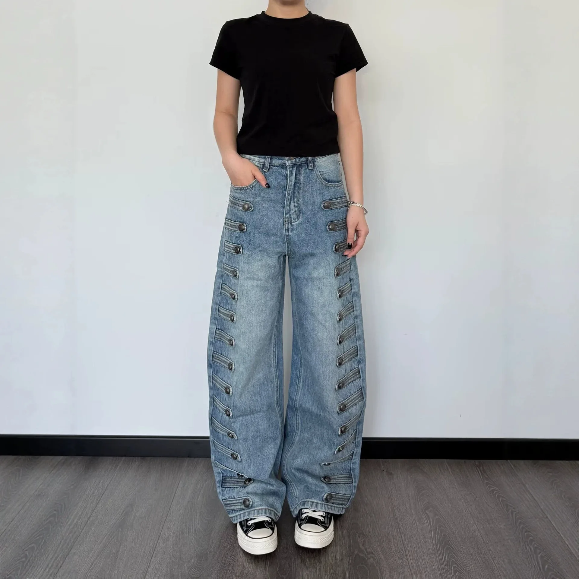 Retro Double Button Decorative Washed Denim Long Pants Straight Leg Natural Waist Jeans for Teenage And Youth Girls