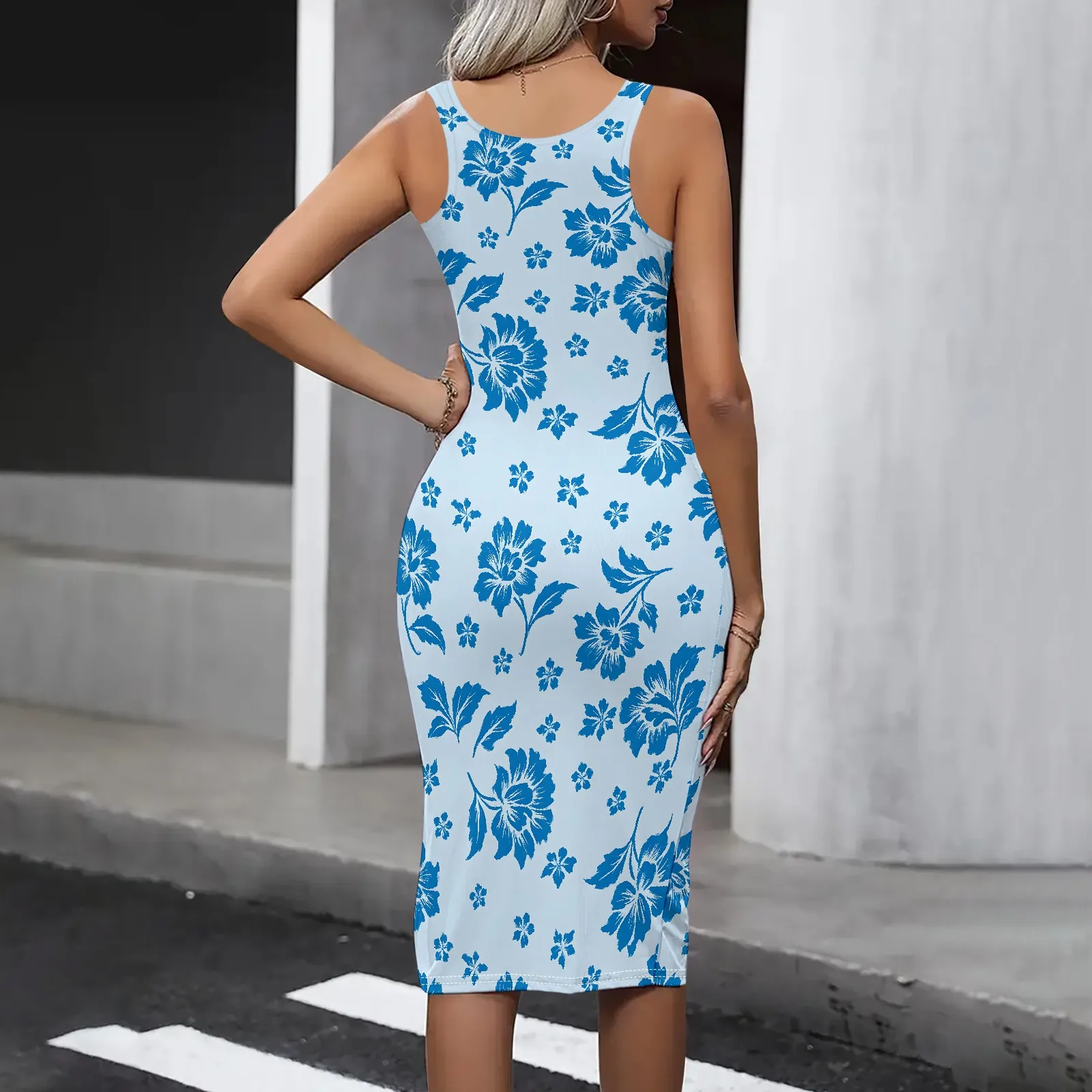 ผู้หญิงฤดูร้อนสบายๆชุดเดรสแขนกุดสแควร์คอ SLIM FIT น่ารักเซ็กซี่ Bodycon Sundress Beach Midi Dress