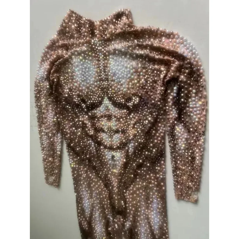 Men luxurious full pearls rhinestones jumpsuit Elastic Leotard sexy DJ nightclub outfit performance dance costume stage wear