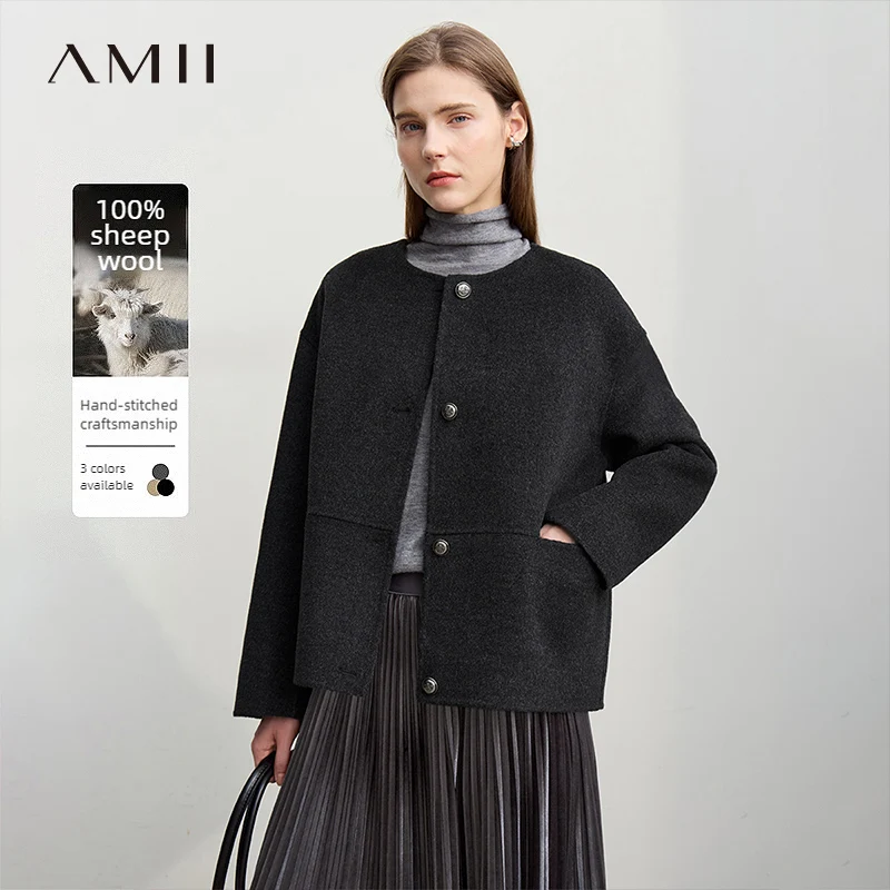 

Amii Women's Coat 2025 Winter Round Neck Loose Drop Shoulder Long Sleeve Women's Woolen Coat Non-elastic Warm Jacket 12514021