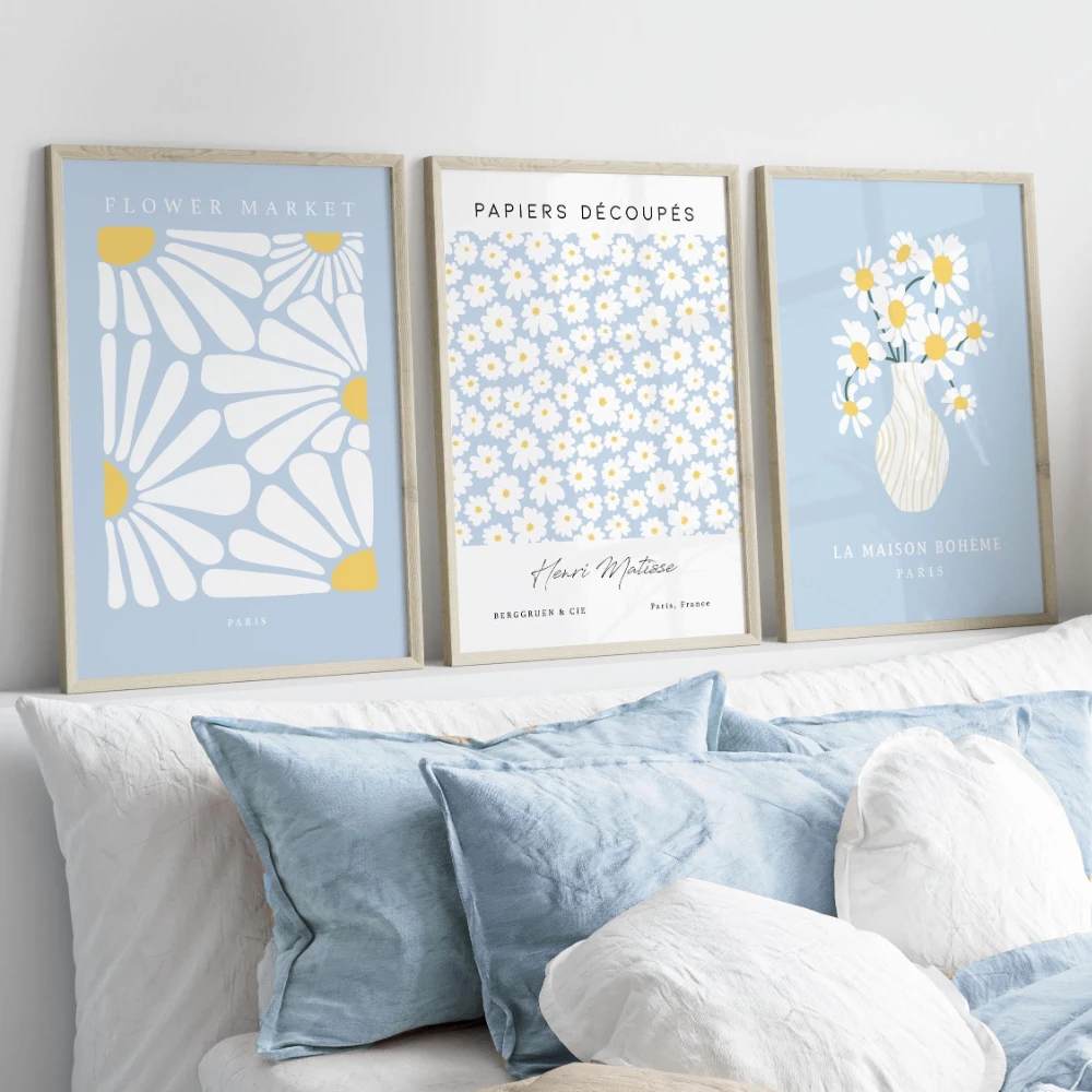 Blue Daisy Prints Set Henri Matisse Blue Prints Floral Wall Art Pastel Wall Decor Living Room Art Preppy Blue Bedroom Posters