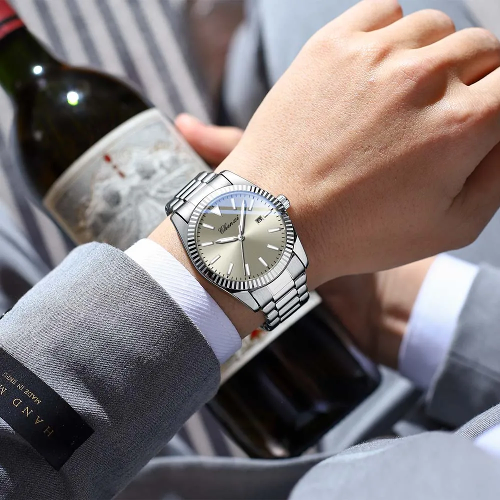 CHENXI Coppia Orologi Orologio al quarzo da uomo con data Cinturino in acciaio inossidabile Resistente all'acqua Stile business casual Regalo ideale per coppia