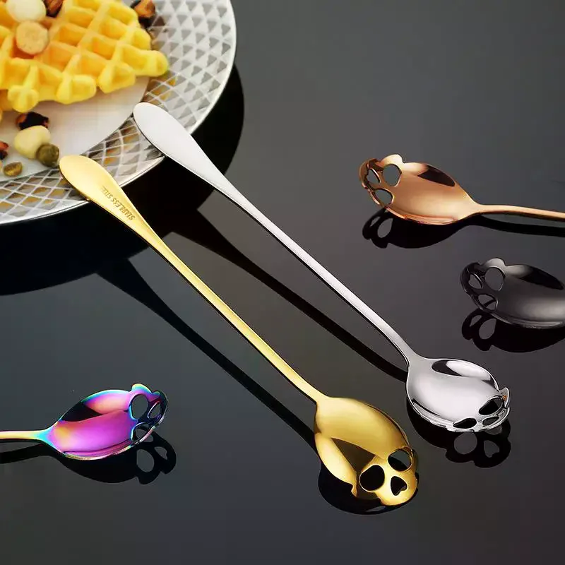 Stainless Steel Coffee Scoop Skull Shape Dessert Ice Cream Spoon Halloween Theme Party Dining-table Scoops Decorations Supplies