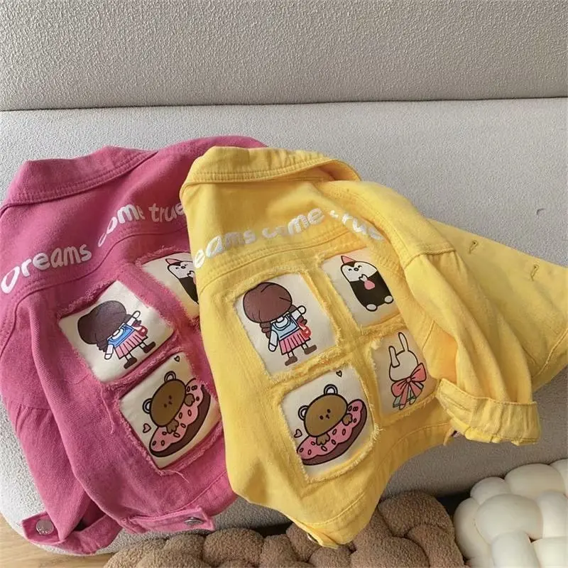 2023 New Spring Autumn Denim Girls Jacket Fashion Cartoon pink Windbreaker Jackets For Kids Children Clothing OuterwearCoats