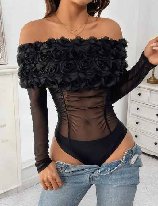 

Bodysuit Women 2025 Spring Summer New Spicy Girl Sexy Perspective Mesh Off Shoulder 3D Flower Decor Long Sleeve Bodysuit Y2K Top