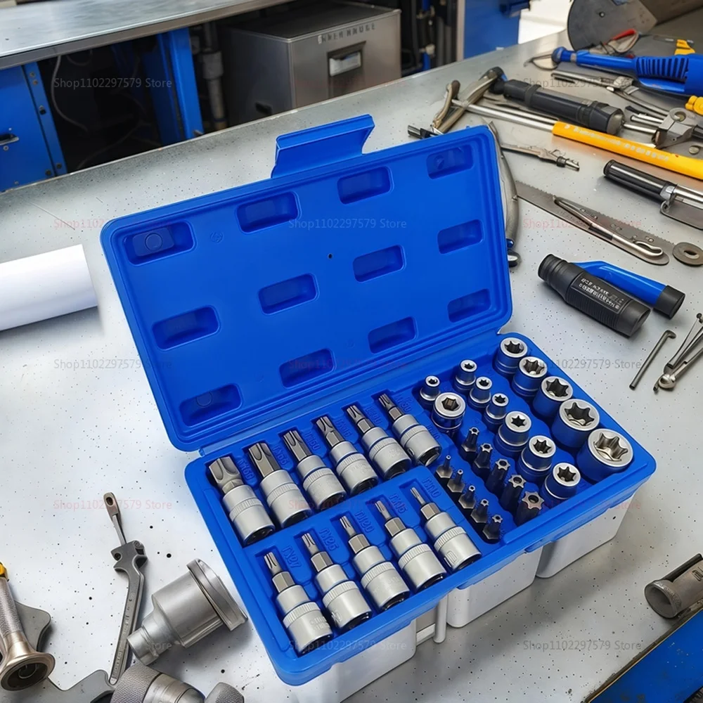 34-Piece 3/8 and 5/16 Inch Drive Socket Set with Torx and External Star Bits with Carrying Case for Automotive and Home Repairs