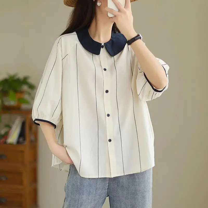 

Striped Short Sleeve Shirt Women's Versatile Casual Color-Blocking Baby Collar Top