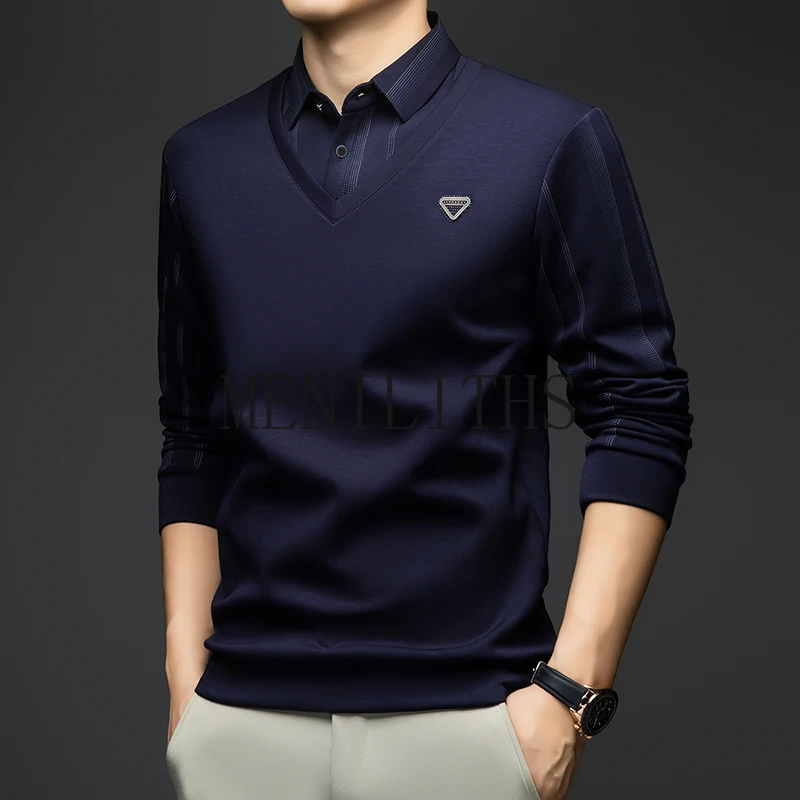 Spring Autumn Oversized T-shirt Men Long Sleeve Shirt Collar Soft Thick Regular Fit Mock Two-piece T-shirt Man