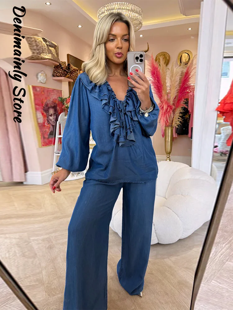 

Loose Woman Denim Two-piece Suits Full Sleeve Pleating V-neck Tops Elastic Waist Straight Pants 2025 New Casual Women's Sets