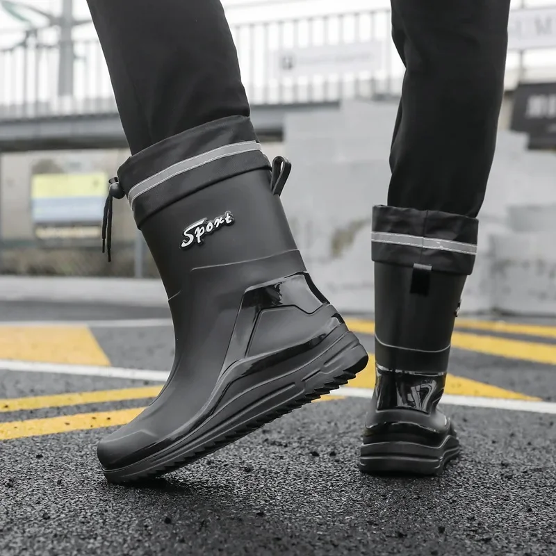 Fashionable Cross-Border Men's Rain Shoes Mid-Calf Non-Slip Adult Fleece-Lined Water Boots For Car Washing Kitchen Work