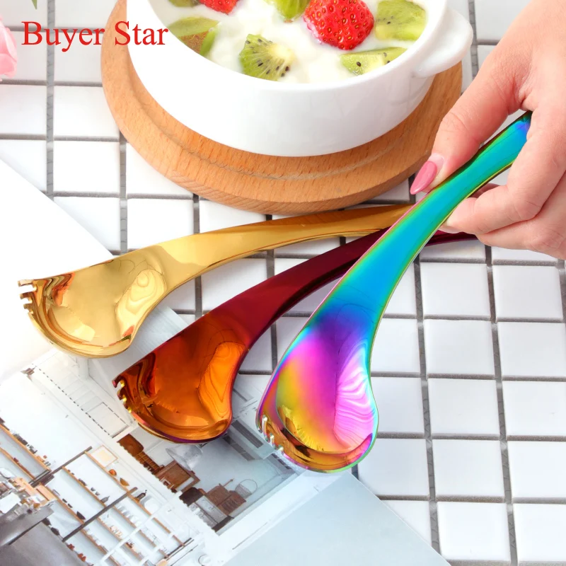 2/8PCS Creative Stainless Steel Bend Dessert Spoon  2 in 1 Salad Spoon Fork Colorful Fruit Sporks Kitchen Tableware Utensils