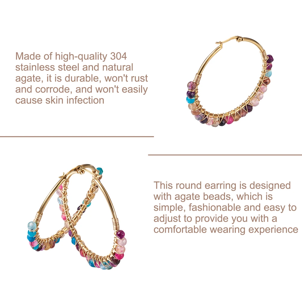 4 Pairs 50mm Hoop Earrings Stainless Steel Earrings Natural Agates Beads Round Circle Ear Ring Women Fashion Jewelry Gift