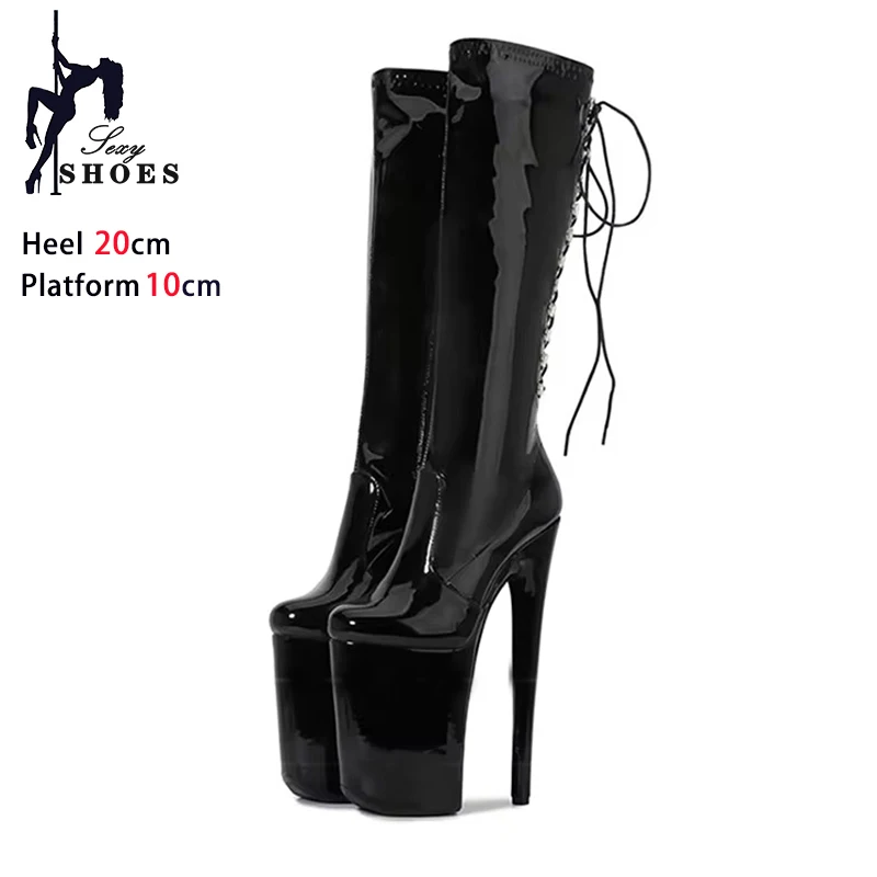 Knee-High Boots Super High Heel 20CM Nightclub Long Boots Lace-up Zip Design Round Toe Waterproof Platform Model Shoes Women