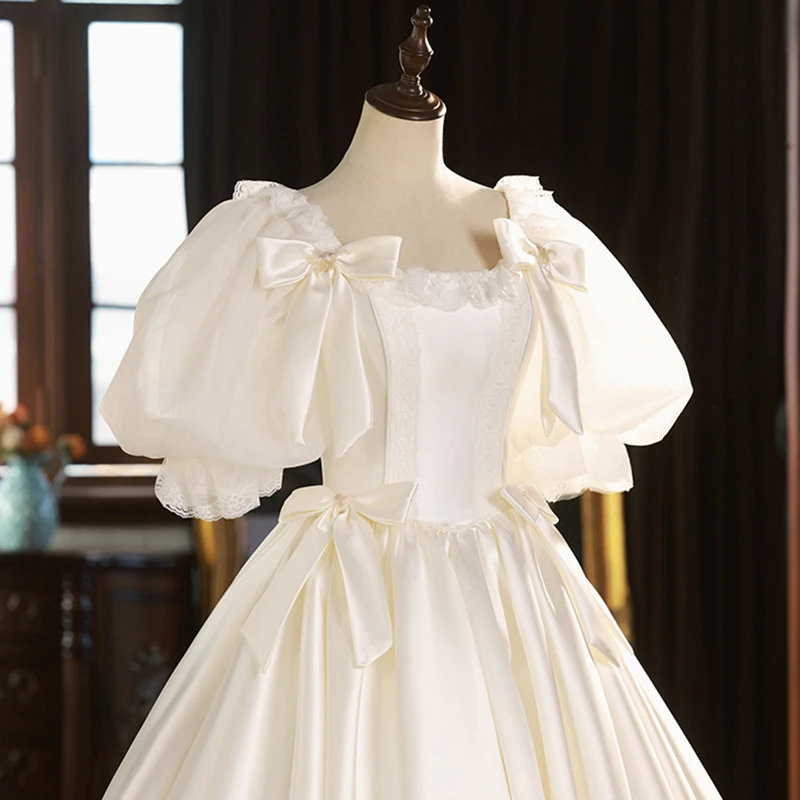 AnXin SH french retro princess white satin sweetheart flower lace short puff sleeve beading bow customized evening dress