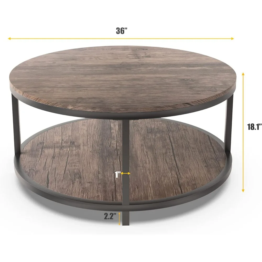 Round Coffee Table for Living Room 36” Coffee Table, 2 Tier Rustic Wooden Top with Storage Shelves (Walnut)