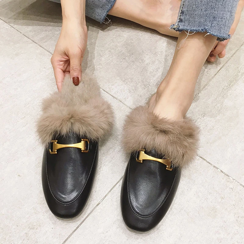 Winter New Real Fur Metal Buckle Mules Women Shoes Loafers Pregnant Shoes Women Furry Slides Fluffy Hairy Flip Flops