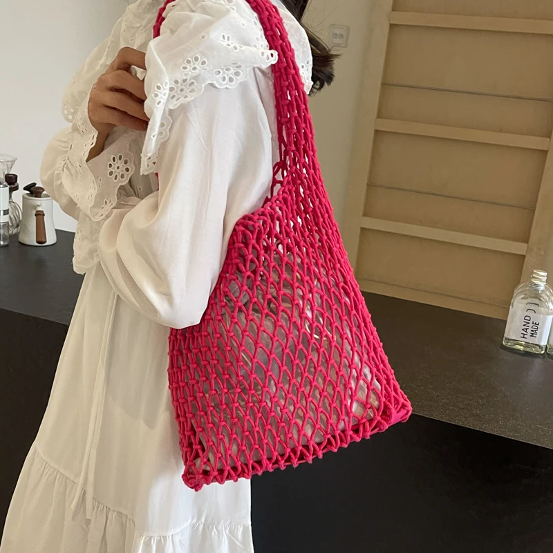 Classic Women's Woven Solid Color Mesh Bag New Fashionable And Simple Casual Handbag Outdoor Versatile Beach Bags image 4