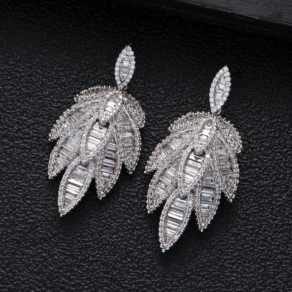 Luxury Rectangle Leaf Earring For Women Wedding Cubic Zirconia Dubai Bridal Earrings Costume Jewelry Summer Party A19042