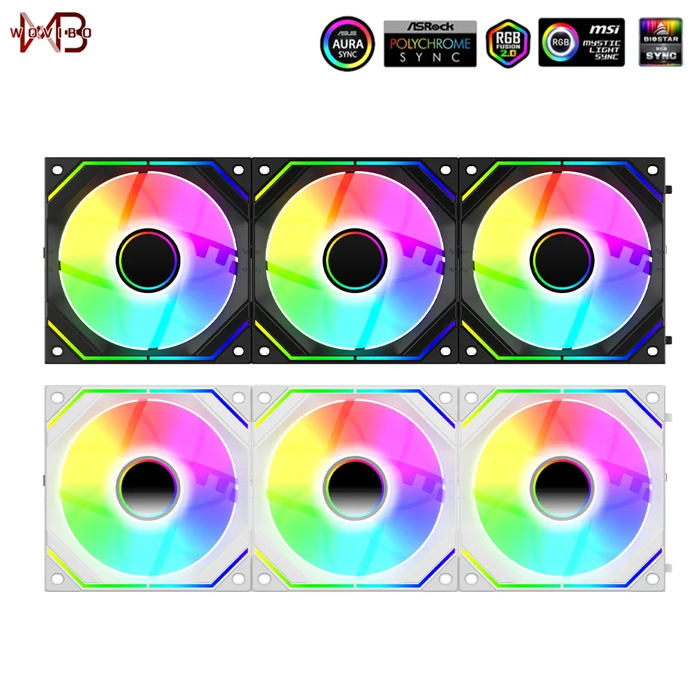 Wovibo 120Mm Kipas Ventilasi RGB PC Komputer Kasus Pendingin 12Cm 5V Kecepatan Disesuaikan 6PIN ARGB Ventilasi Aura Sync