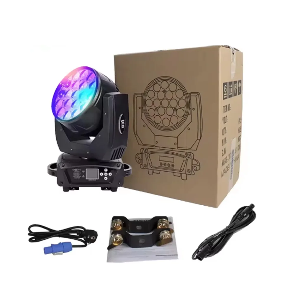 Visual Show Stage Light RGBWAmberUV 6in1 Color 19X15W Zoom Moving Head Light Wash Effect DJ Lighting for Party Event Show