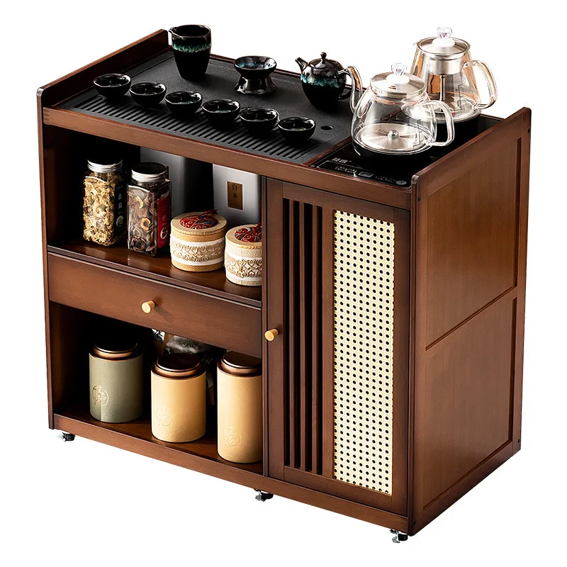 MobileSmall t Kettle integrated  cabinet Solid wood coffee table Tea cart Brewing view 4