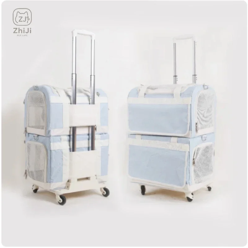 High Aesthetic Pet Trolley Breathable 2-Layers Cat Baskets Travel Transport Case with Comfortable Design Convenient for Travel