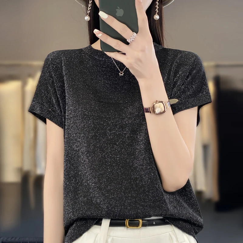 Summer round neck bright silk short sleeve sweater female loose sweet fashion high-end solid color ice silk half sleeve T-shirt