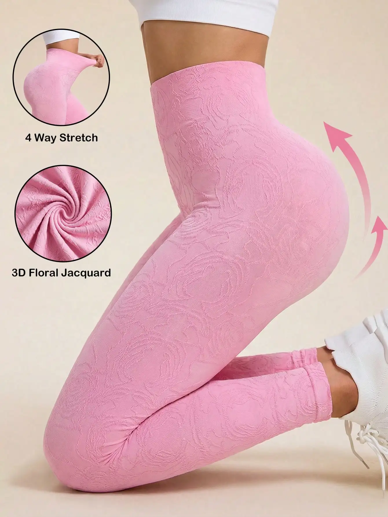 Women 3D Floral Jacquard Seamless Yoga Pants High Waist Butt Lifting 4 Way Stretch Gym Workout Leggings