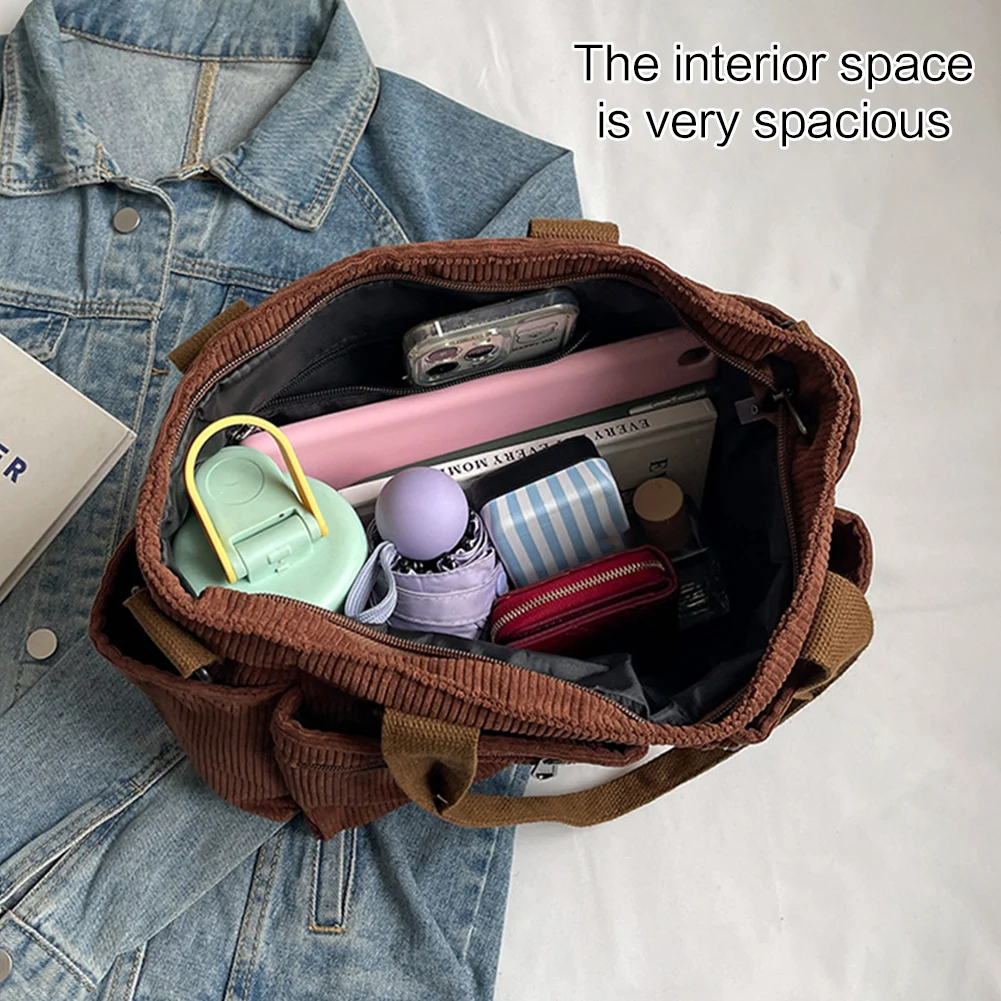 Women Corduroy-Tote Bag Large Capacity Shoulder Bag With Zipper Multiple Pockets Fits Laptops And Essential Work School Commute
