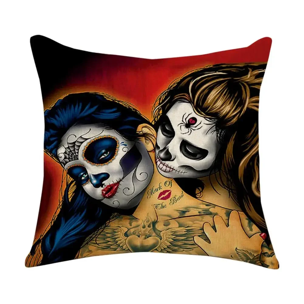 2024 Halloween Beauty Skull Series Linen Pillow Car Cushion Cover Home Bedroom Hotel Decoration Wedding Personality Gift 45x45cm