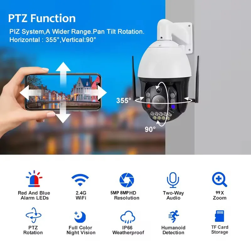 Rscamtom 4K HD 99X Zoom كاميرا شبكة مراقبة ملونة للرؤية الليلية الأحمر والأزرق ضوء إنذار Cctv كاميرا الأمن #1