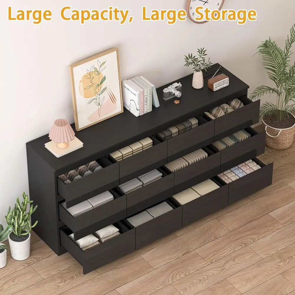 Commode contemporaine à 12 tiroirs avec station de recharge, commode de rangement spacieuse pour la maison en noir