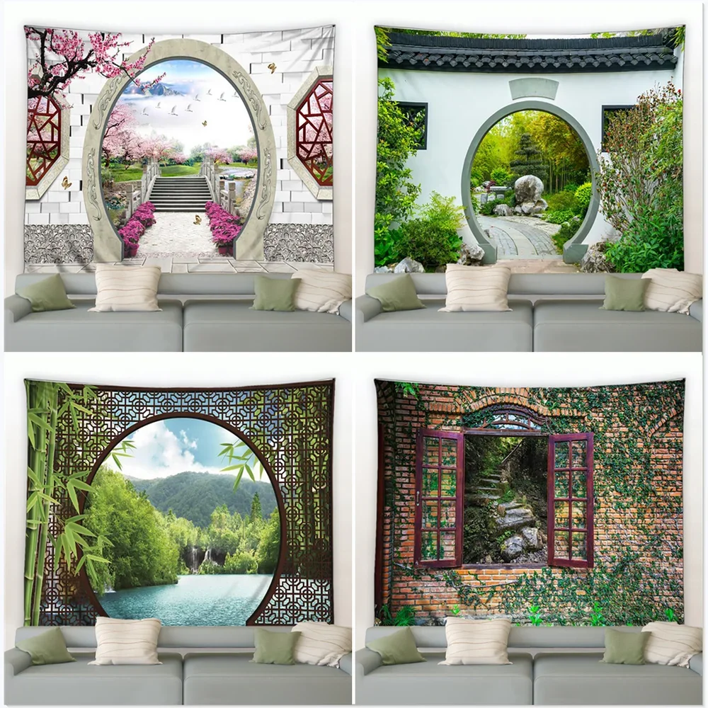 Chinesische natürliche Landschaft Tapisserie Retro-Stil 3d Bogen Tür grün Bambus Wandbehang Wandteppiche moderne Hintergrund Dekor Decke