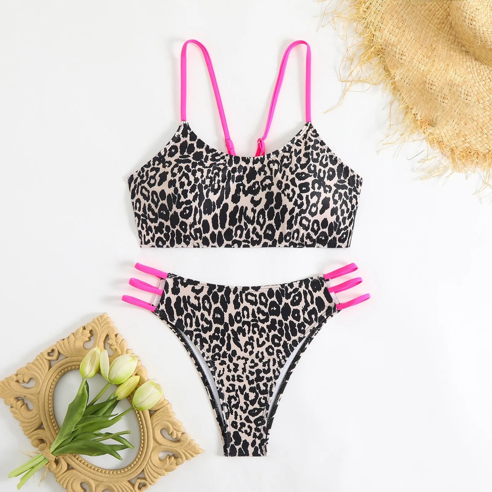 Sexy Leopard Bandeau Bikini Push Up String Back Bikinis Women Brazilian Swimwear Ring Linked Bathing Suit Swimsuit Beach Wear