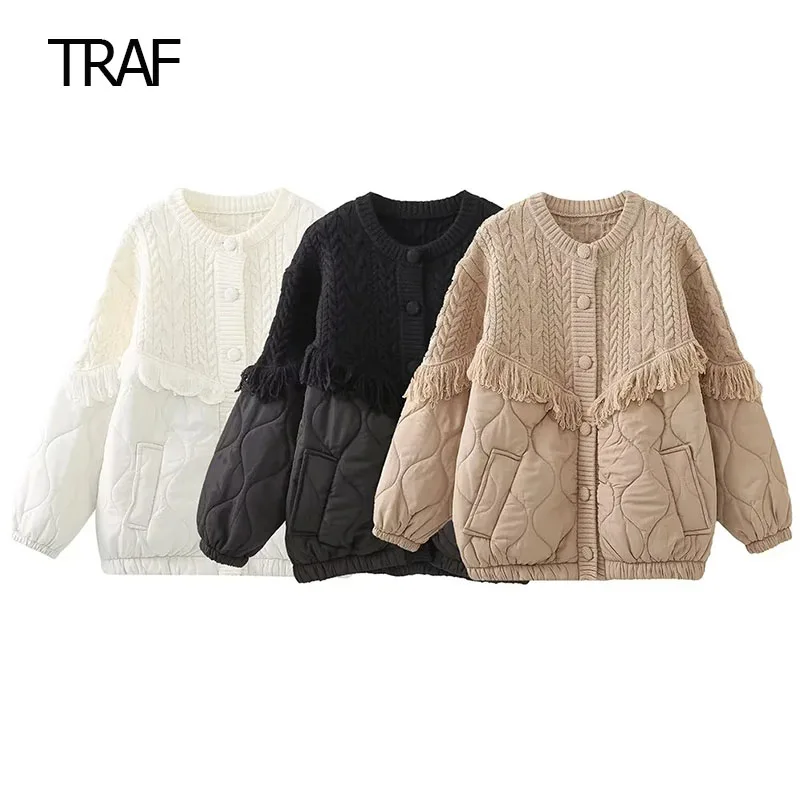 TRAF Demi-Season Women's Coat 2023 Knit Panelled Quilted Jacket Fringing Long Sleeve Short Padded Jacket Warm Winter Woman Coat