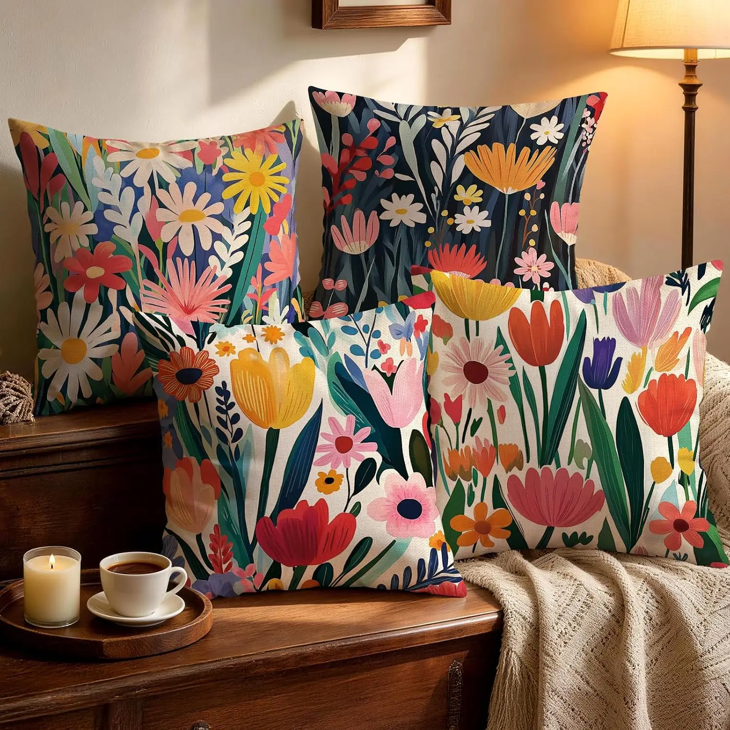 4Pcs Boho Throw Pillow Bright Mixed Wildflower Abstract Floral Painting Pattern Cushion Cases for Bedroom Couch Home Decor