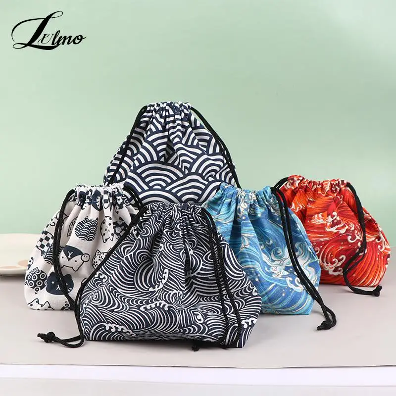 Japanese Style Lunch Box Bag Drawstring Lunch Bag Bento Tote Pouch Portable Children Storage Box Travel Tableware Storage Bag