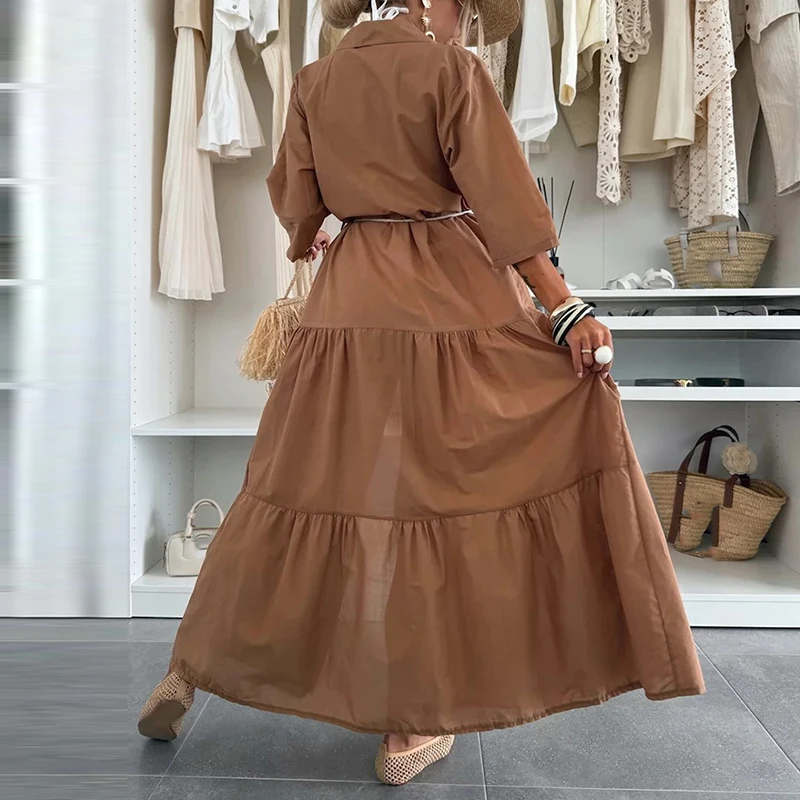 العصرية بسيطة بلون مساء اللباس سيدة الصيف جديد واحدة الصدر التعادل يصل فستان محكم من عند الصدر ويتدلى بشكل واسع الترفيه نصف كم التلبيب قميص اللباس