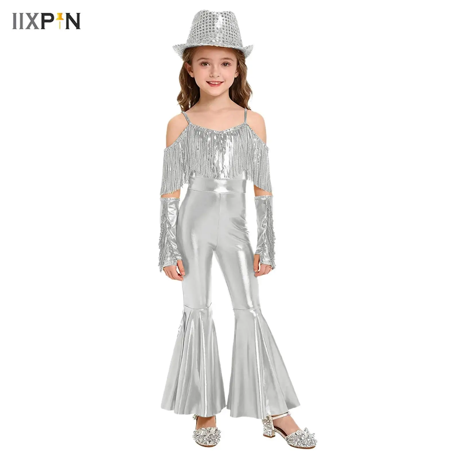 

Kids Girls Modern Jazz Street Dance Outfit Glossy Long Sleeve Jumpsuit with Fedora Hat Gloves Disco Party Hip Hop Dancewear