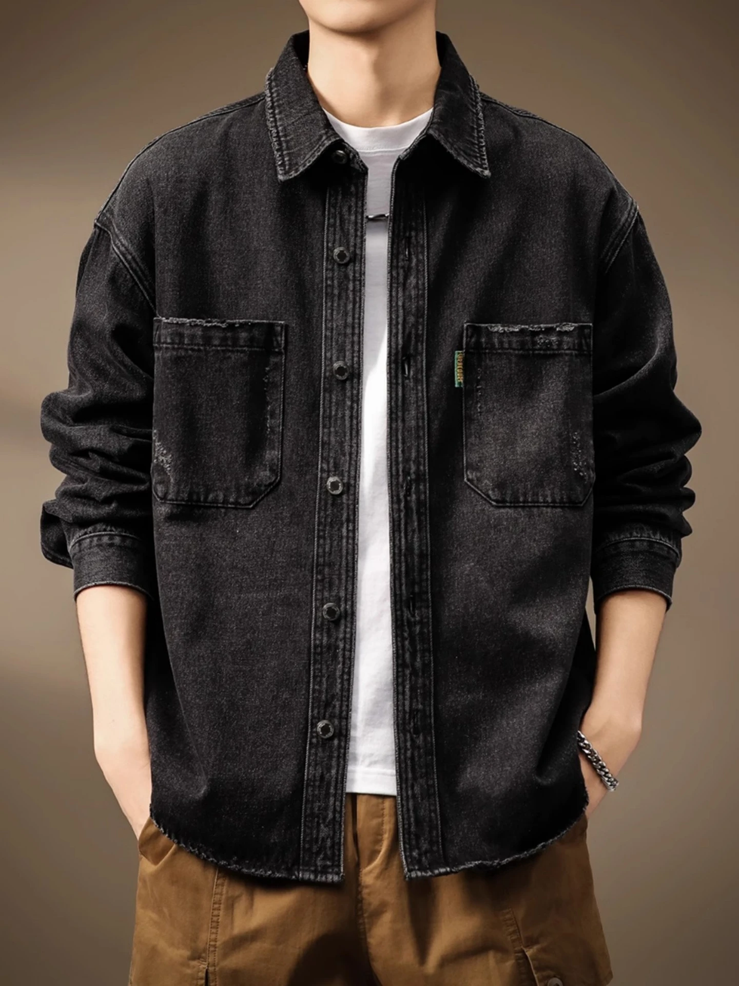 High-End American Retro Workwear Denim Shirt Men's Autumn New Worn Long Sleeve Jacket Coat Loose Fit Cotton Lyocell Polyester...