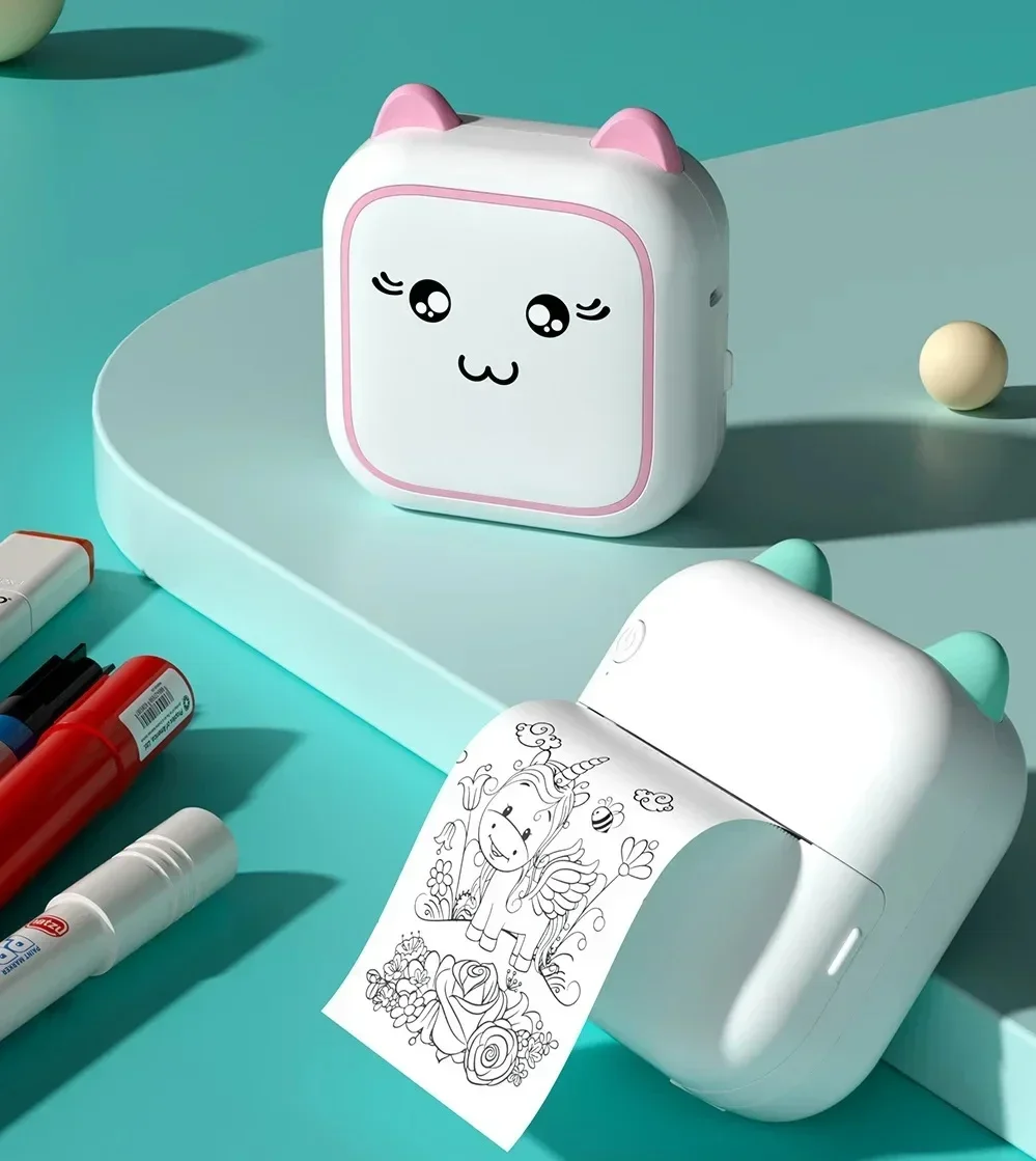 Portable Mini Cartoon Thermal Printer for Kids Wireless Bluetooth 200dpi Photo Label Memo Printer Educational Learning Toy