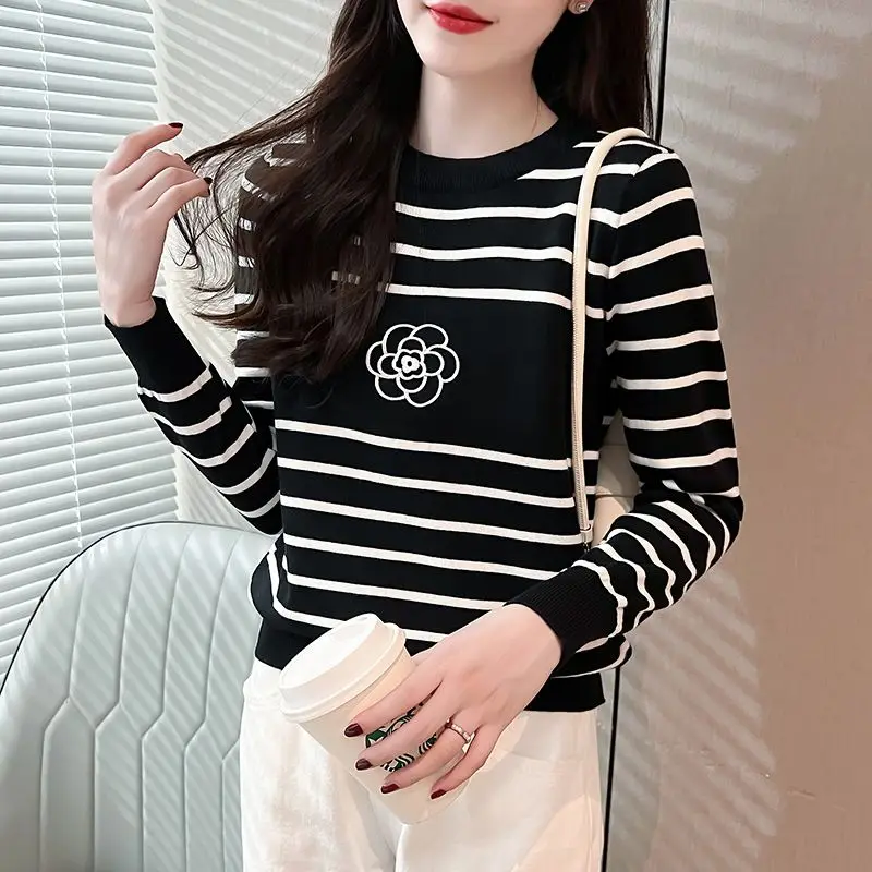 Screw Thread Flower Striped Round Neck Women's Clothing Pullover Lantern Long Sleeve Sweater Knitted Elegant Autumn Winter Tops