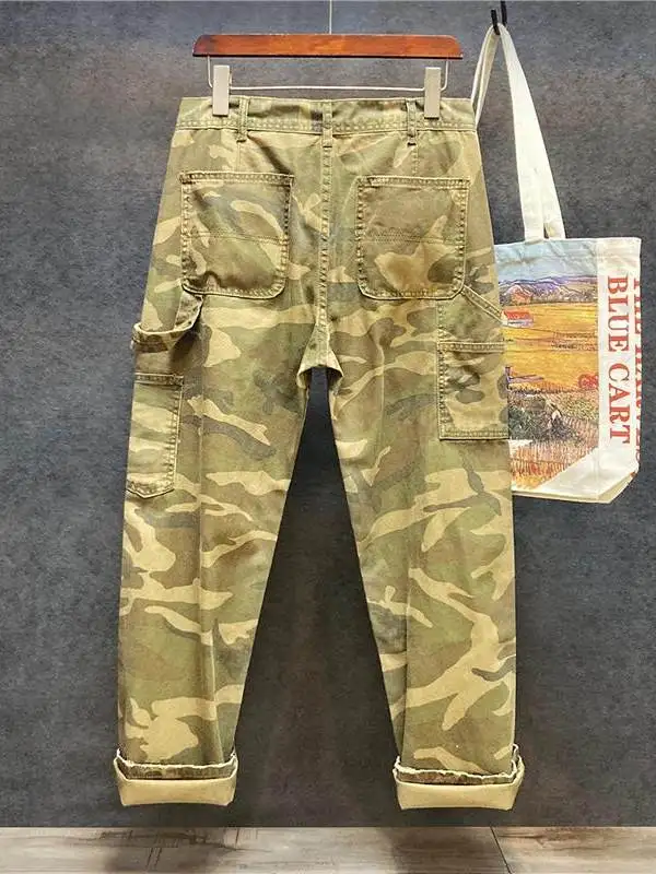 Trendy Camouflage Workwear Jeans Men's Loose Straight Leg Casual Trousers Multi-Pocket Low Waist Vintage Washed Denim