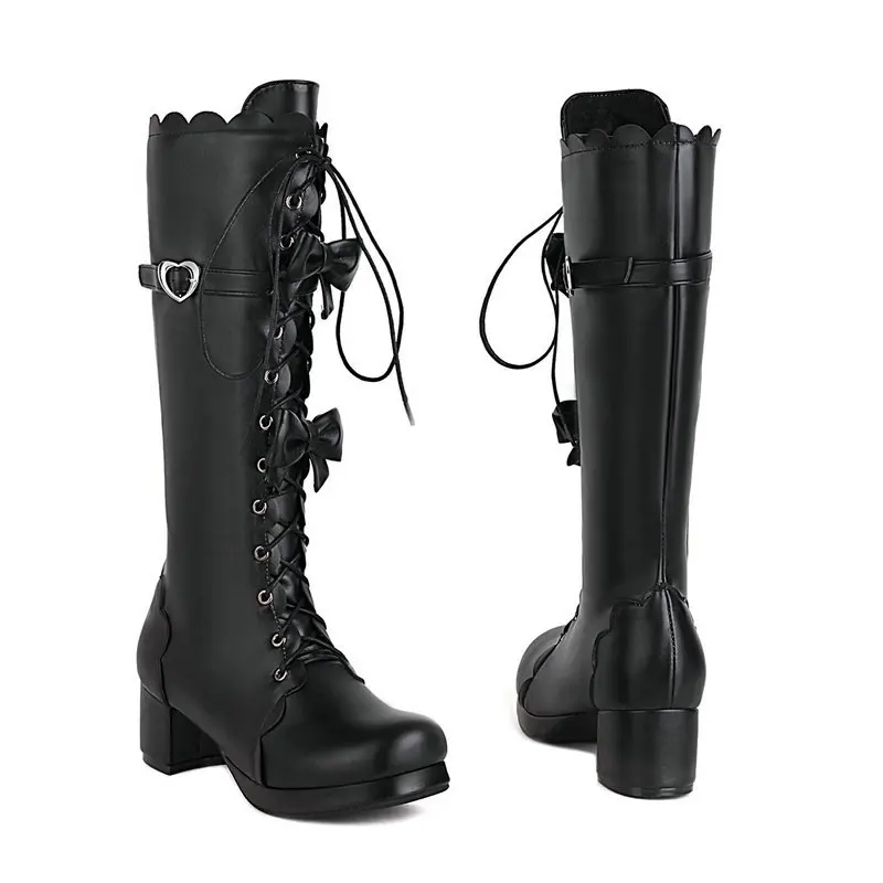 Vintage Lolita Princess Knee High Boots Ladies Autumn Winter Lace Up Bowknot Sweet Gothic Cosplay Dress Matching Boots