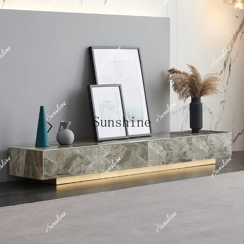 Light luxury super long rock slab TV cabinet coffee table combination modern simple marble floor cabinet  FT