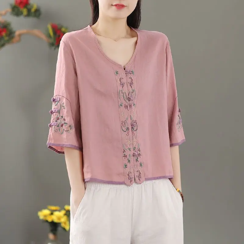 Retro Ethnic Style Patch Embroidery 3/4 Sleeve Blouse Women 2025 Summer Loose Thin V-Neck Cardigan Top