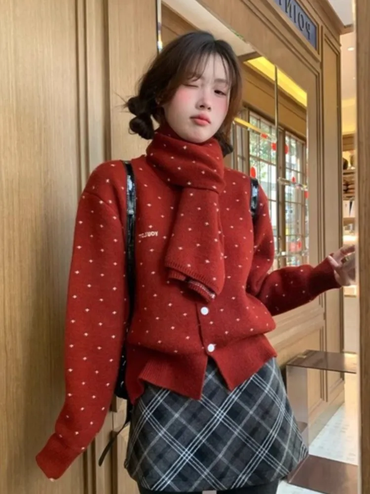 

Polka Dots Cardigans Solid Color Sweaters Pulls Femmes Slim Woman Clothing All-match Knitted Fresh And Sweet Homewear Commuting