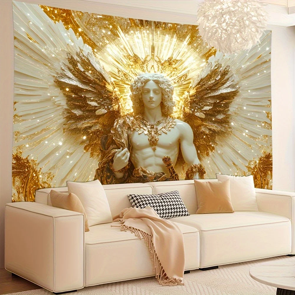 نسيج سانت مايكل أنجل الذهبي والأبيض الفاخر - تصميم سماوي معقد مع نجوم مشعة، مصنوع من البوليستر عالي الجودة